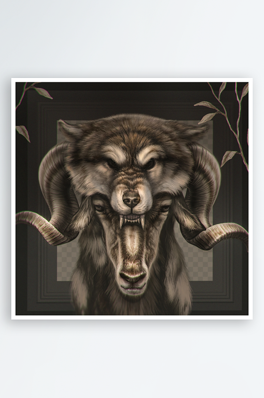 狼头山羊融合艺术肖像-众图网