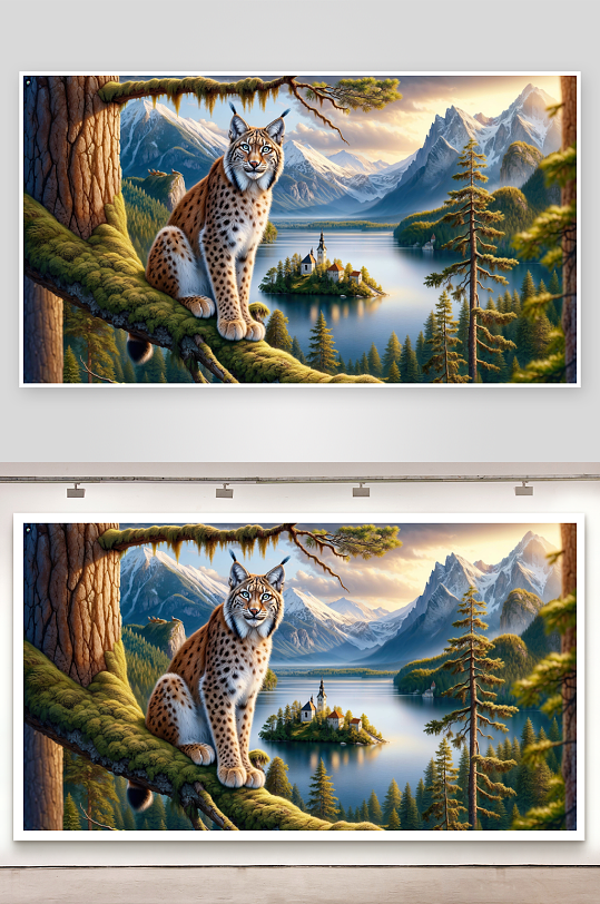 猞猁栖息山林湖畔静景-众图网