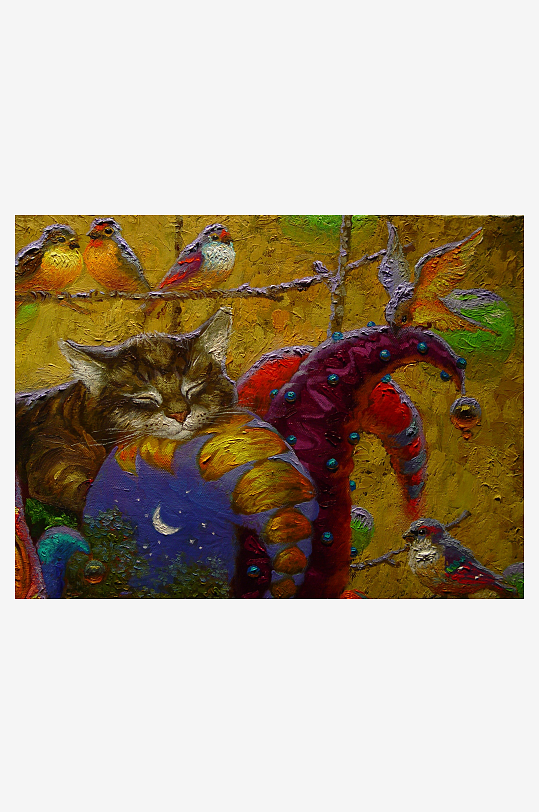 猫咪与彩鸟共眠的梦幻画-众图网