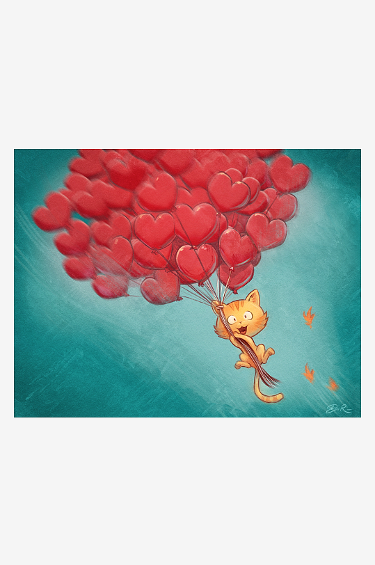 猫咪乘心形气球飞翔-众图网