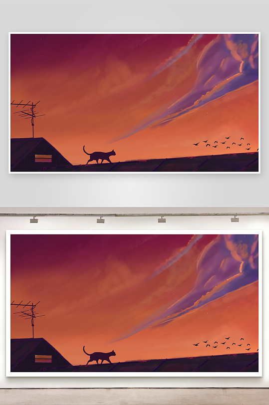 猫咪屋顶漫步飞鸟掠过-众图网