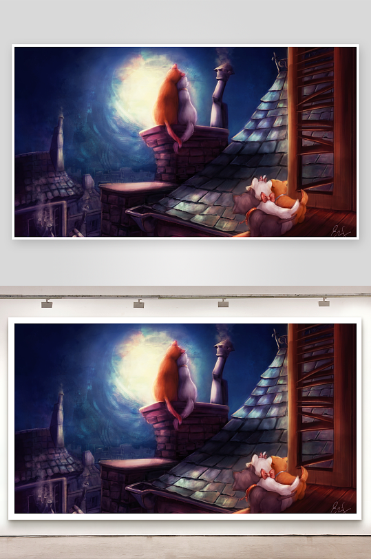 猫咪屋顶夜景仰望明月-众图网