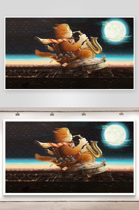 猫咪月下吹萨克斯梦幻夜景-众图网