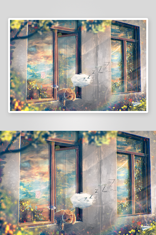 猫咪窗边安睡窗外秋景-众图网