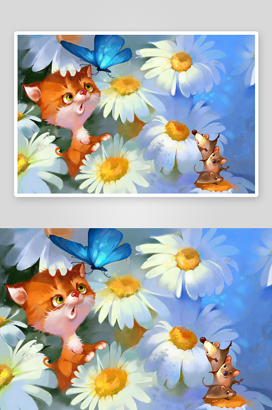猫咪蝴蝶花丛趣味场景-众图网