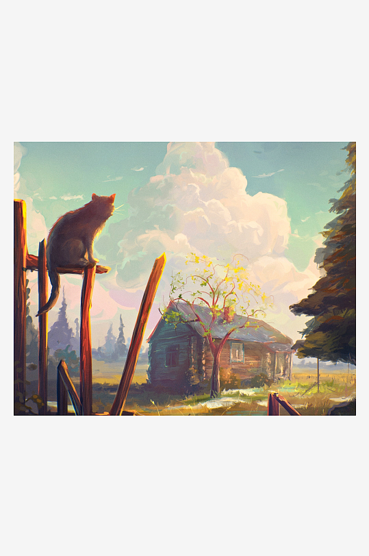 猫咪静坐木架远眺乡间小屋-众图网