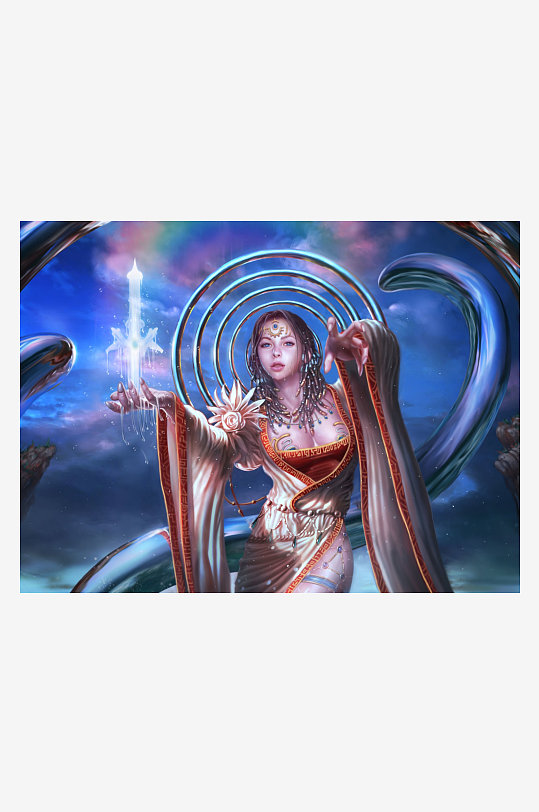 神秘女神持光剑立于光环中-众图网