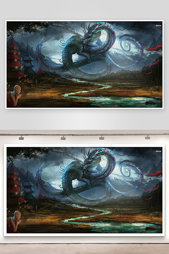 神秘巨龙盘旋古寺夜景-众图网