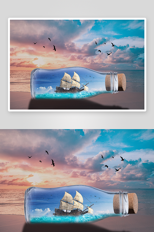 瓶中帆船与海滩飞鸟-众图网