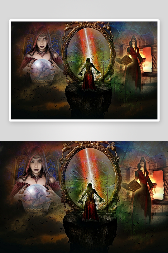 神秘巫师与魔法镜的奇幻场景-众图网