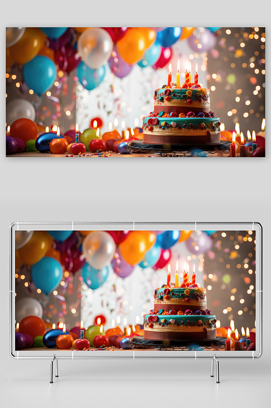 生日派对蛋糕与彩色气球-众图网