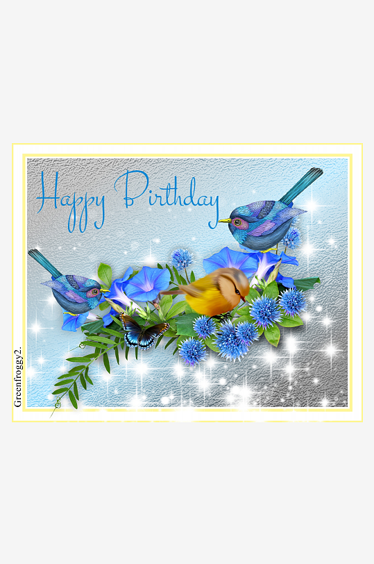 生日贺卡上的小鸟与鲜花-众图网