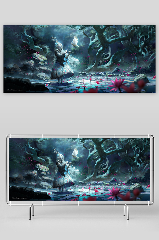 神秘森林中吹笛女子与飞鸟-众图网