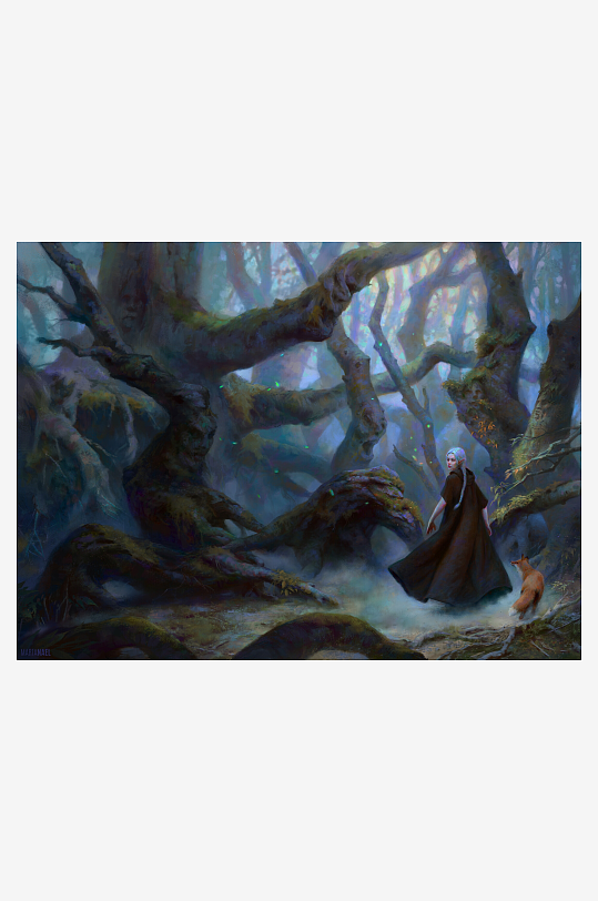 神秘森林中女子与狐狸同行-众图网