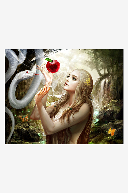 神秘森林中女子与蛇共舞-众图网