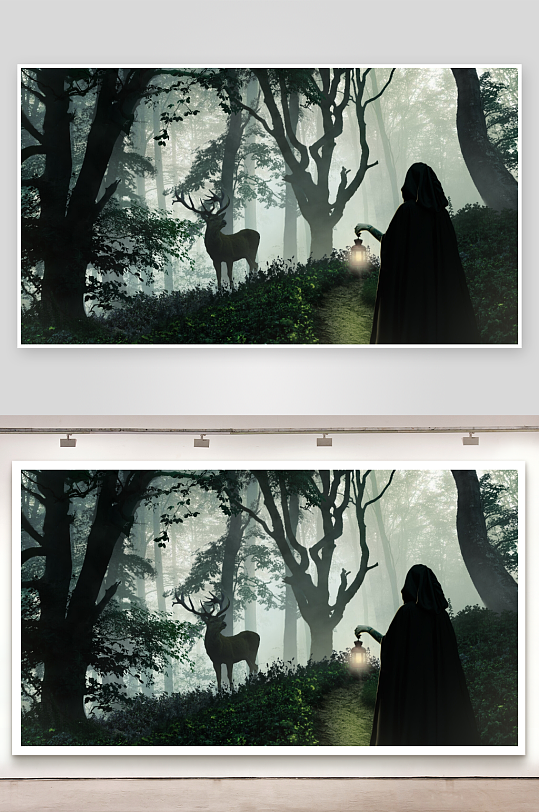 神秘森林中持灯人与鹿-众图网