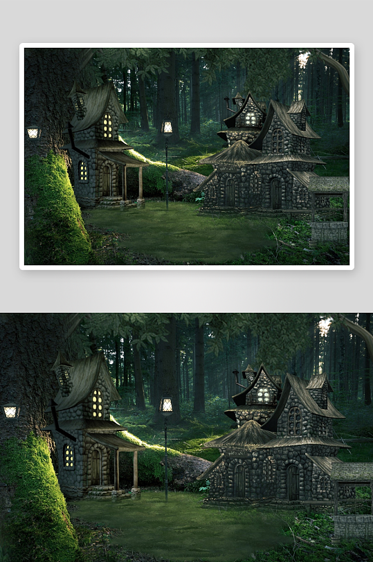 神秘森林中的石砌小屋-众图网