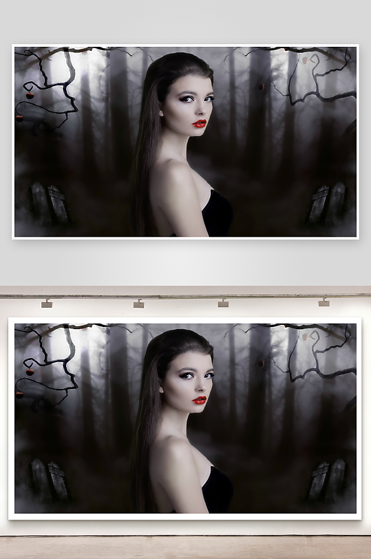 神秘森林中的红唇女子肖像-众图网