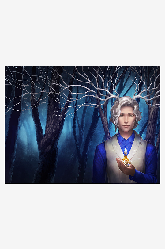 神秘森林中的银发人物与烛光-众图网