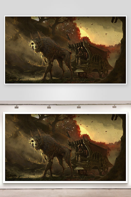 神秘森林中的骷髅怪兽与古车-众图网