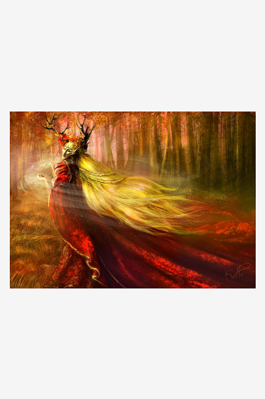 神秘森林中的鹿角人形艺术画-众图网