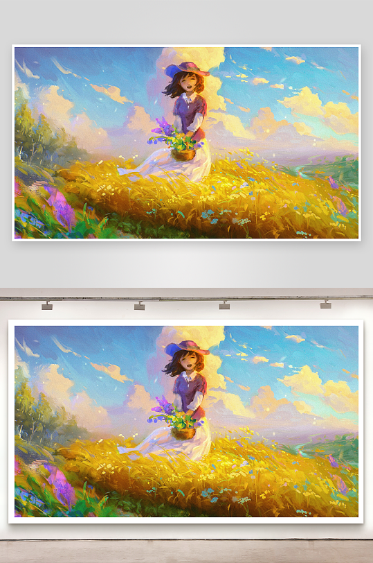 田园少女手捧花篮赏景-众图网