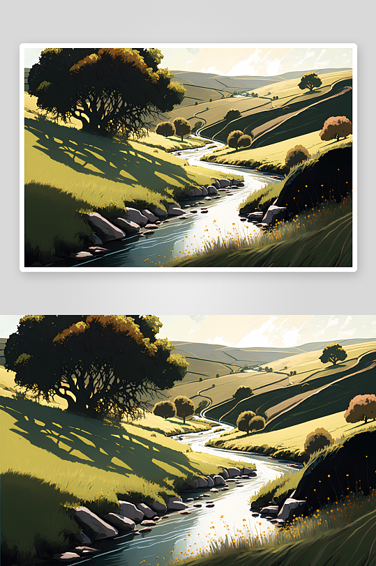 田园溪流风景画照片摄影-众图网