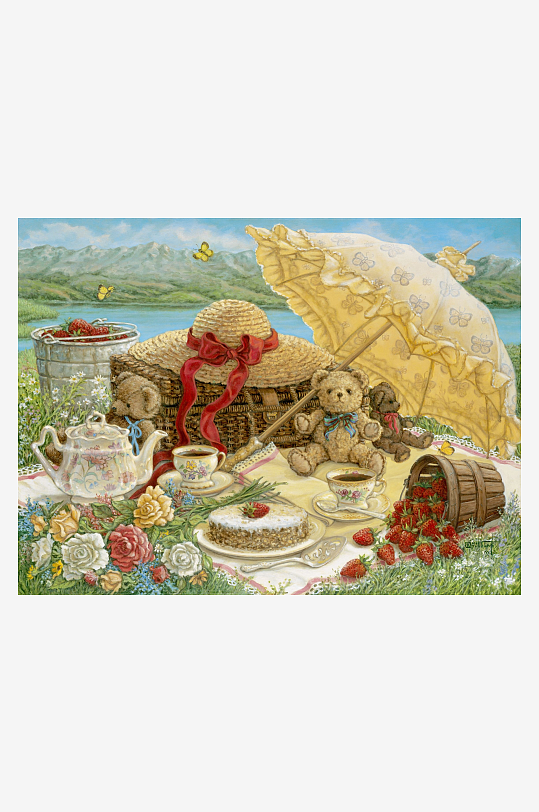 田园熊趣野餐图照片摄影-众图网