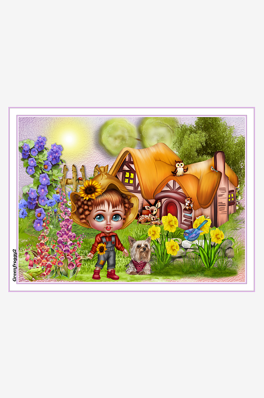 田园童话女孩与小狗-众图网