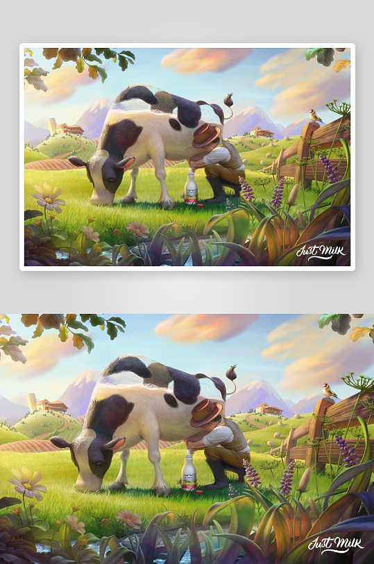 田园风光下挤奶农夫与奶牛-众图网