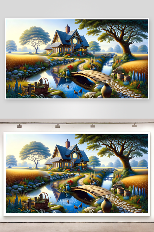 田园风光小屋流水木桥-众图网