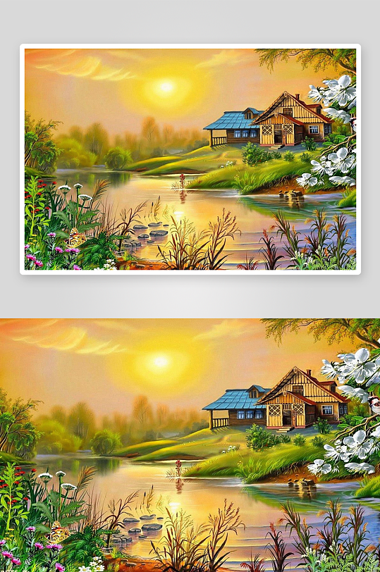 田园风光画溪流木屋花鸟-众图网