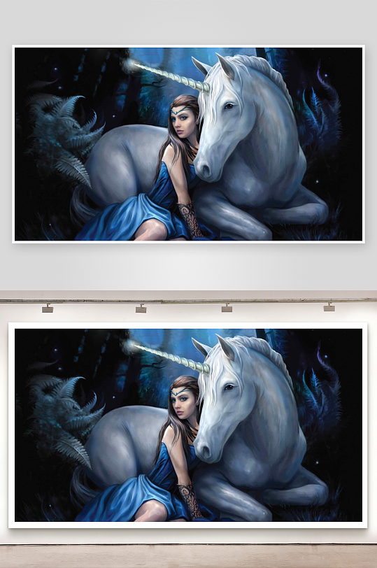 神秘森林中蓝衣女子与白马独角兽-众图网