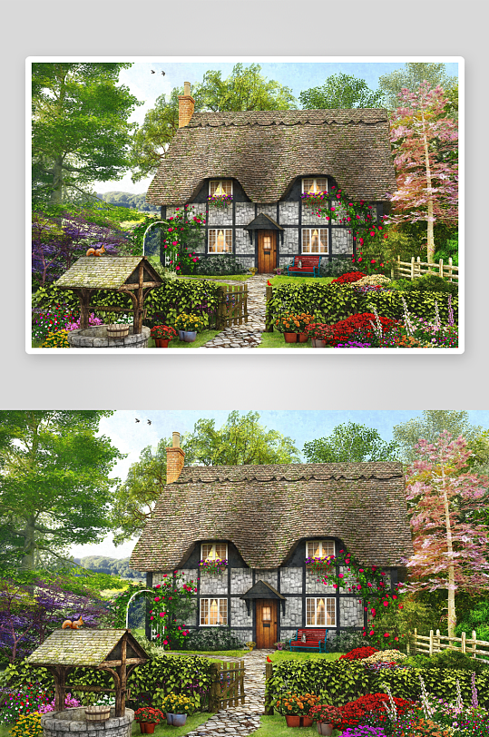 田园风格小屋与花园美景-众图网