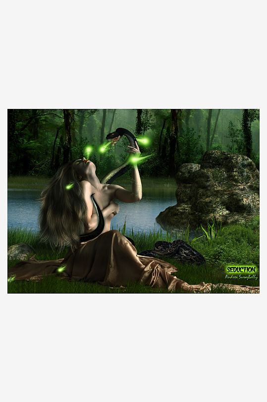 神秘森林女子与发光蛇共舞-众图网