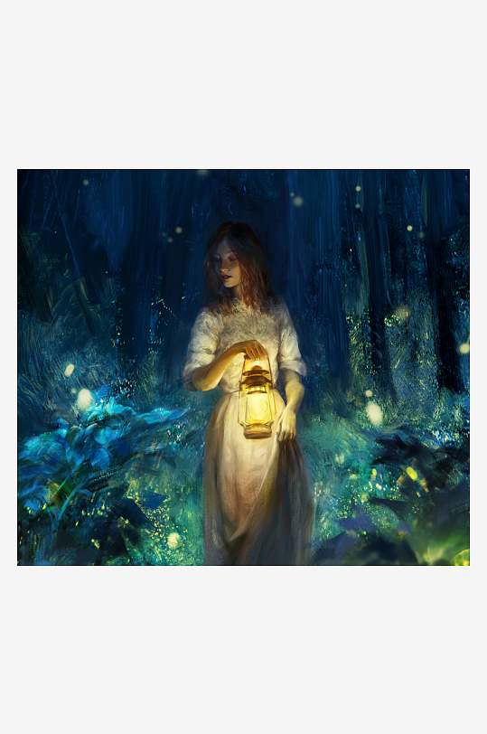 神秘森林女子提灯夜行-众图网
