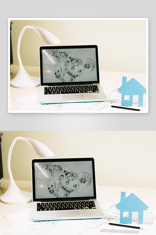 电脑显示房屋设计图与纸屋模型-众图网