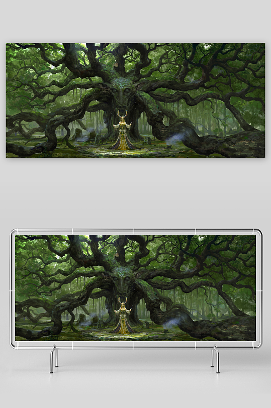 神秘森林巨树下的奇幻女子-众图网