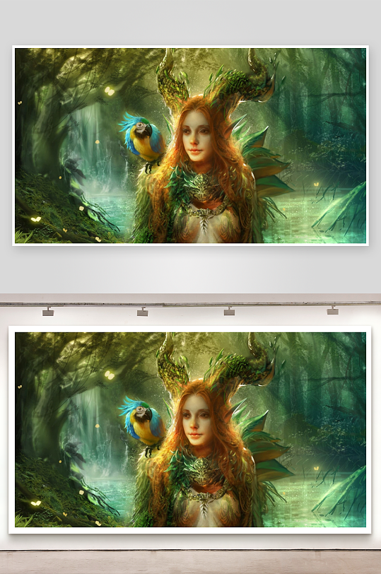 神秘森林精灵与鹦鹉同框-众图网