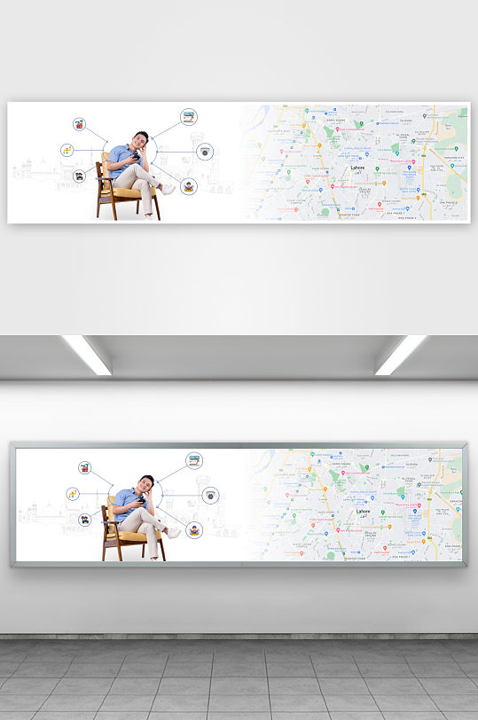 男子使用手机连接多种服务图标-众图网