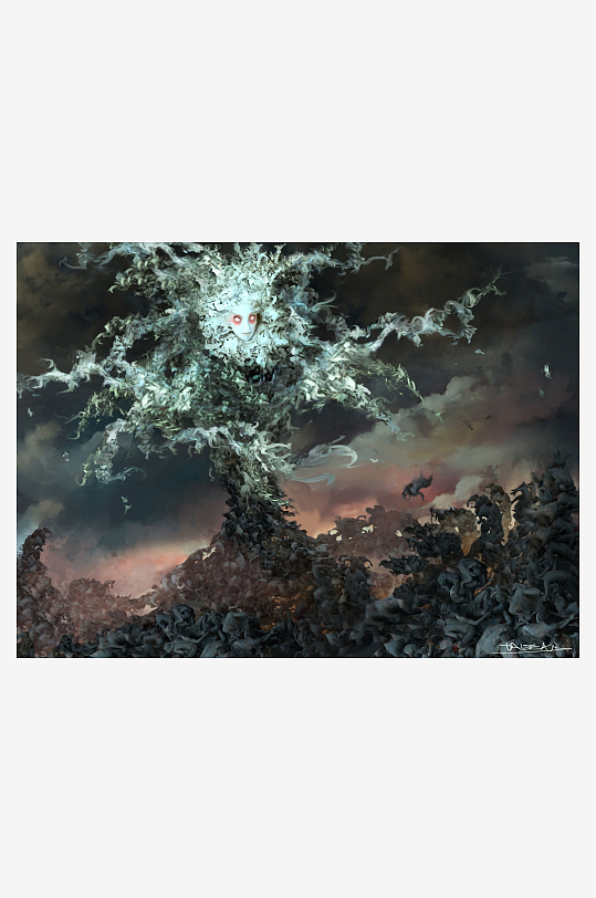 神秘烟雾人形生物与暗夜景观-众图网