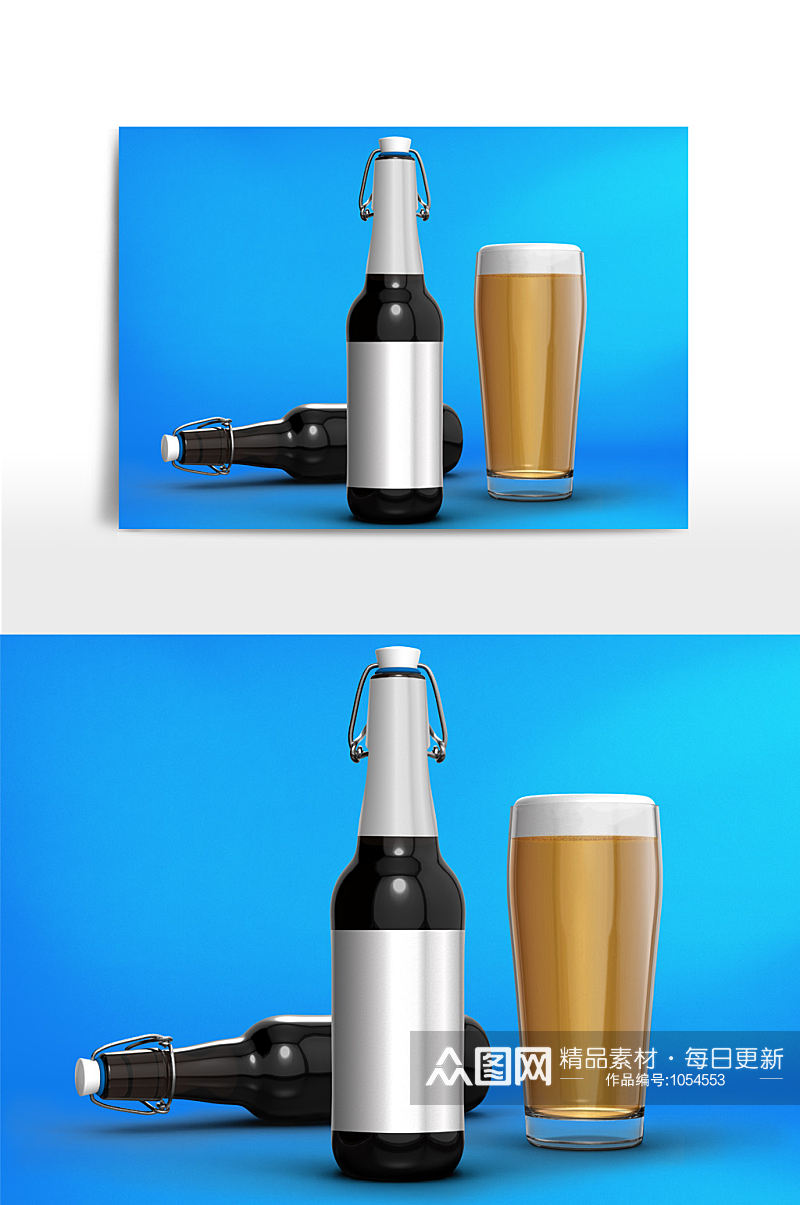 啤酒杯搭配瓶子瓶贴样机素材