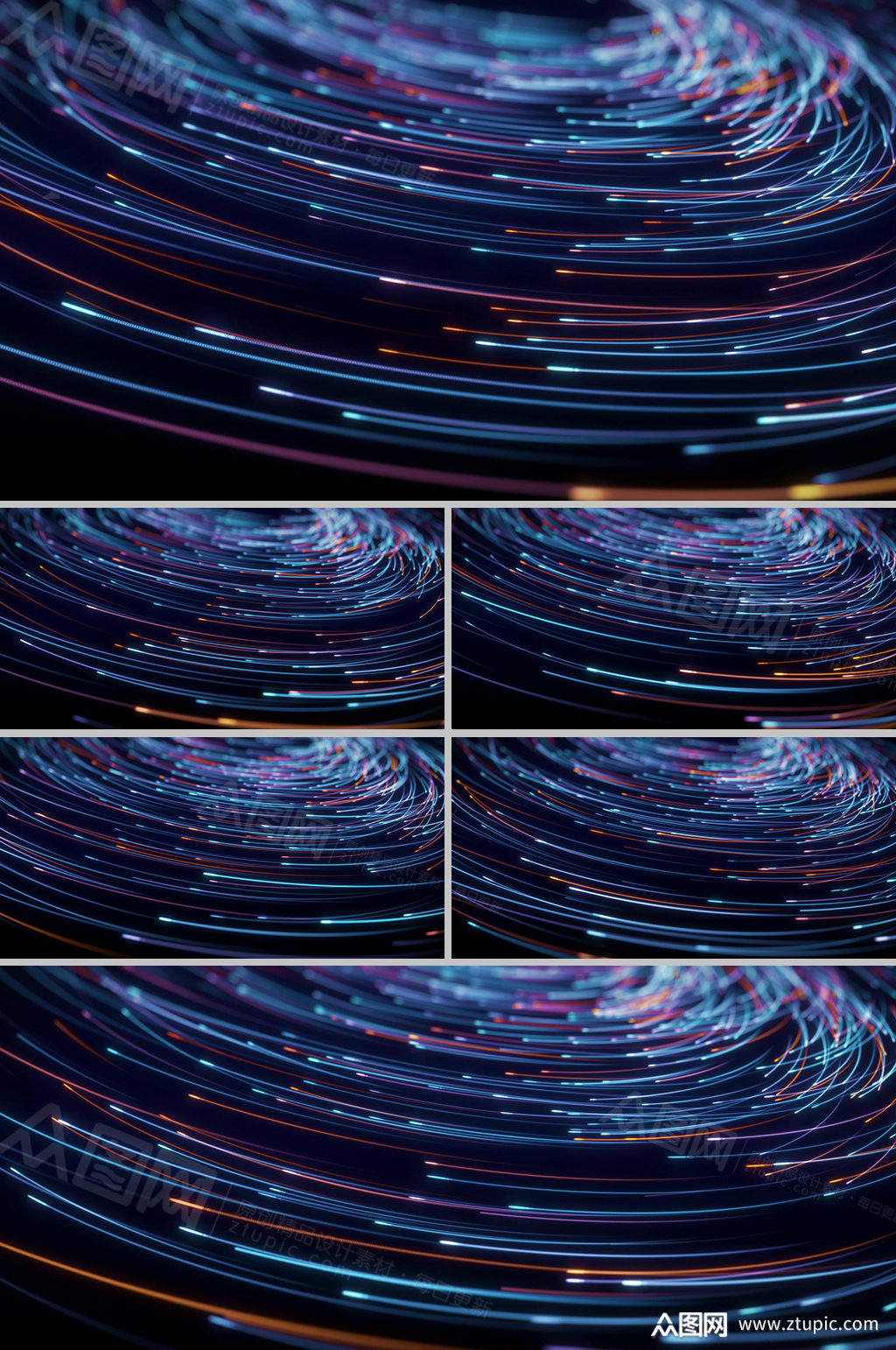 光迹的蓝色和橙色粒子以缓慢的圆周运动移动素材