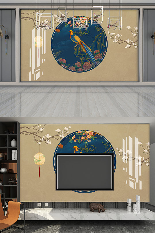 大气凤凰复古中国风背景墙-众图网