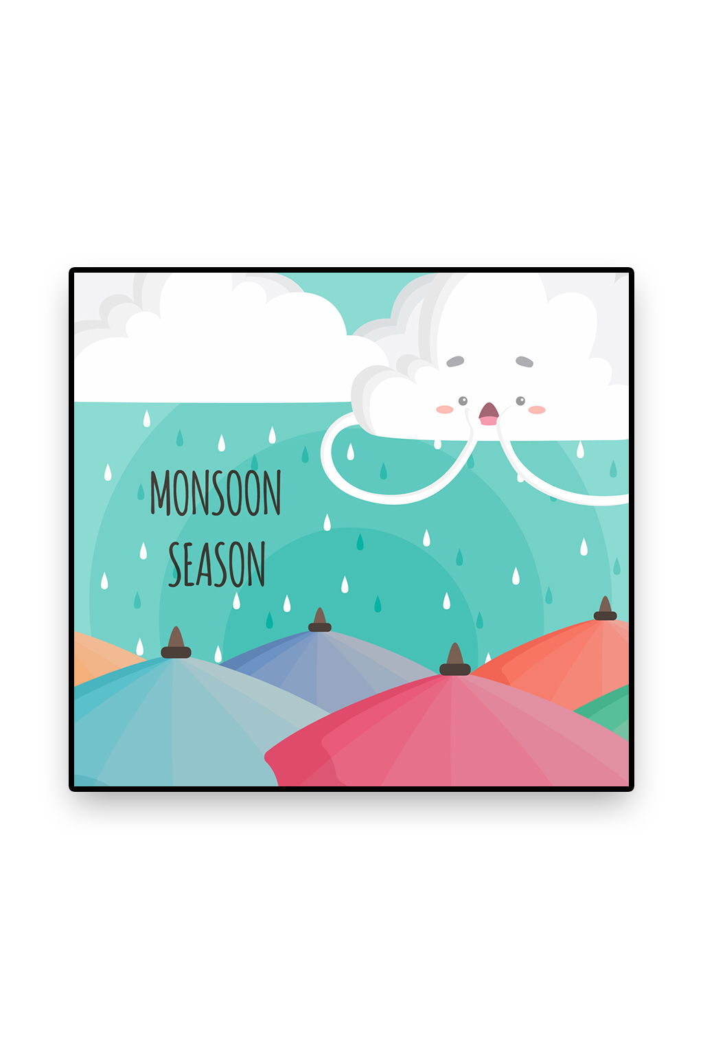 彩绘雨季云朵下的雨伞矢量图素材