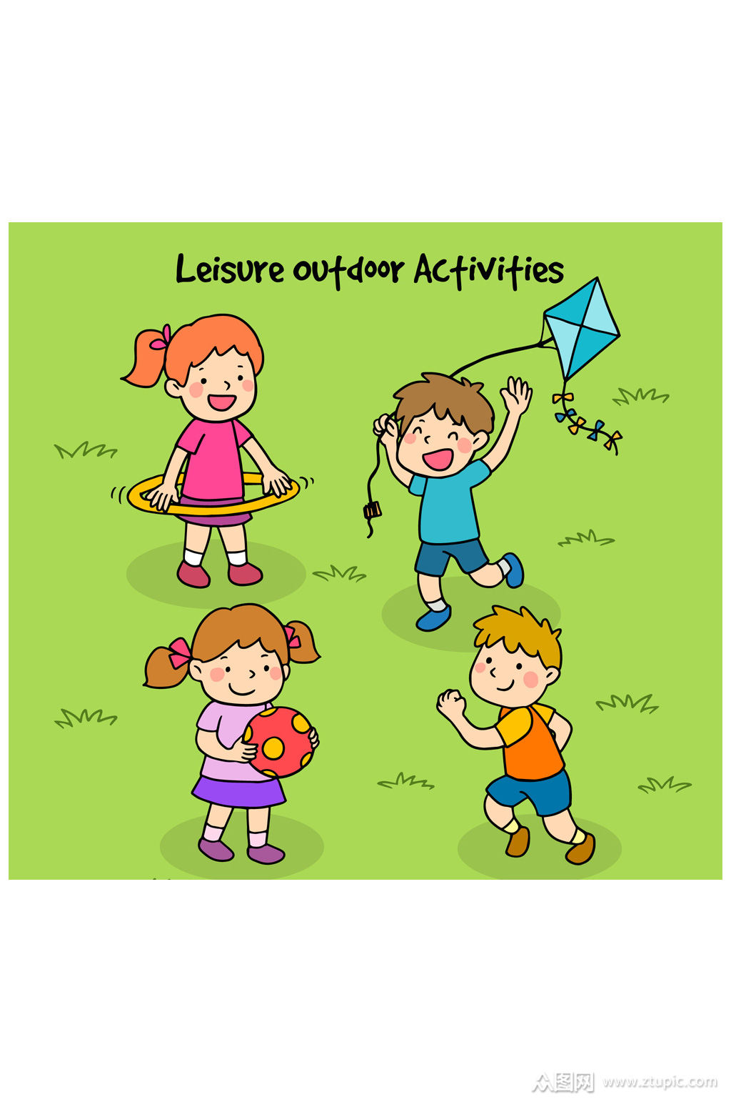 4款可爱户外玩耍的儿童矢量图