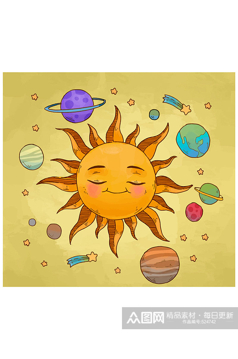彩绘可爱太阳系八大行星矢量素材素材