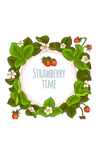 彩绘夏季草莓花叶矢量素材
