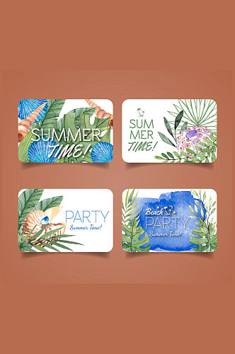 4款彩绘花卉夏季沙滩派对卡片矢量图