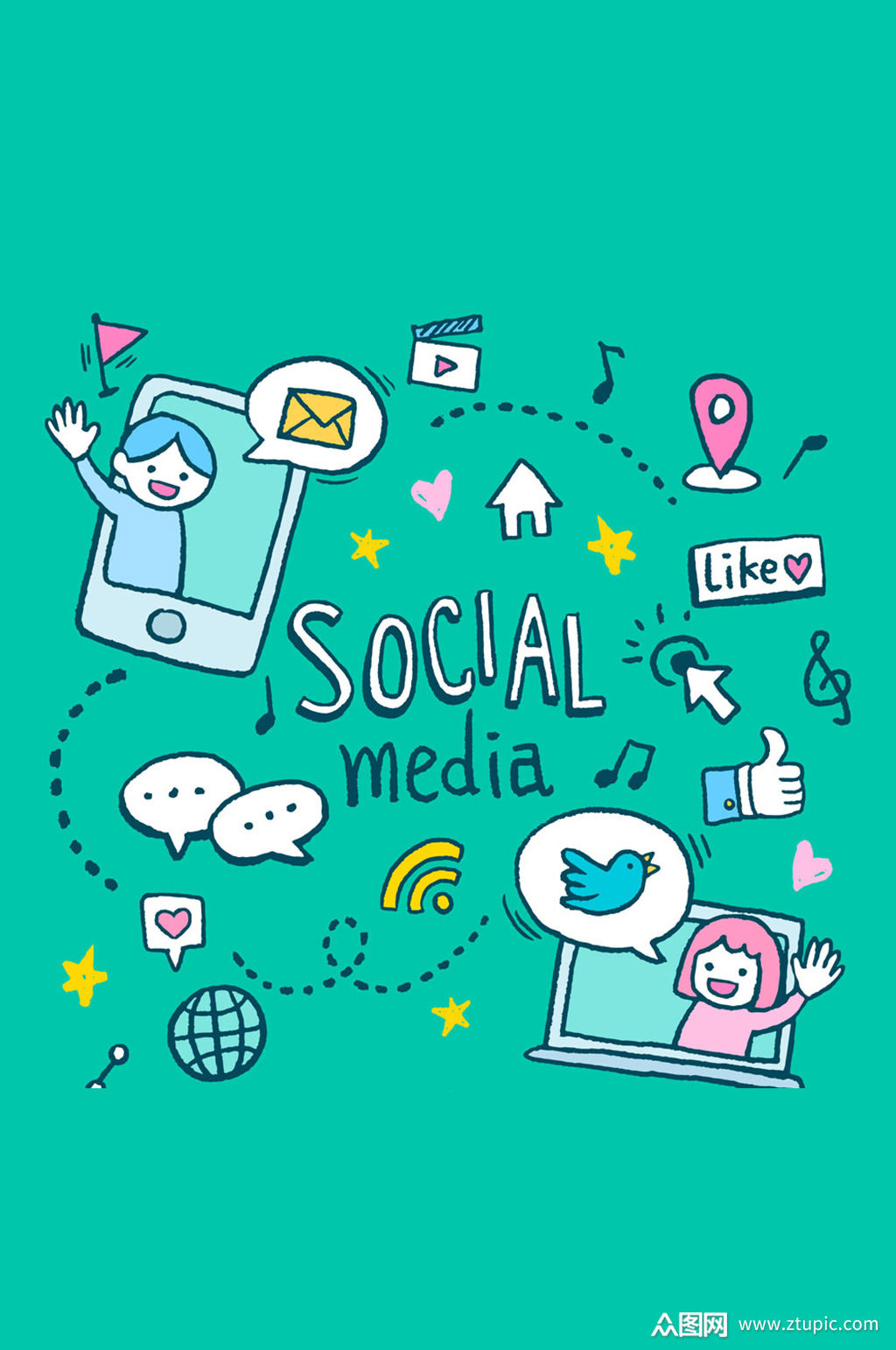 彩绘社交媒体元素矢量素材